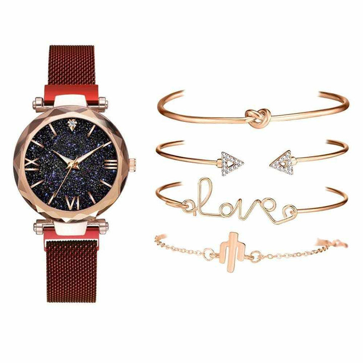 5pcs Set Luxury  Magnetic Starry Sky  Female Clock Quartz Wristwatch Bennys Beauty World