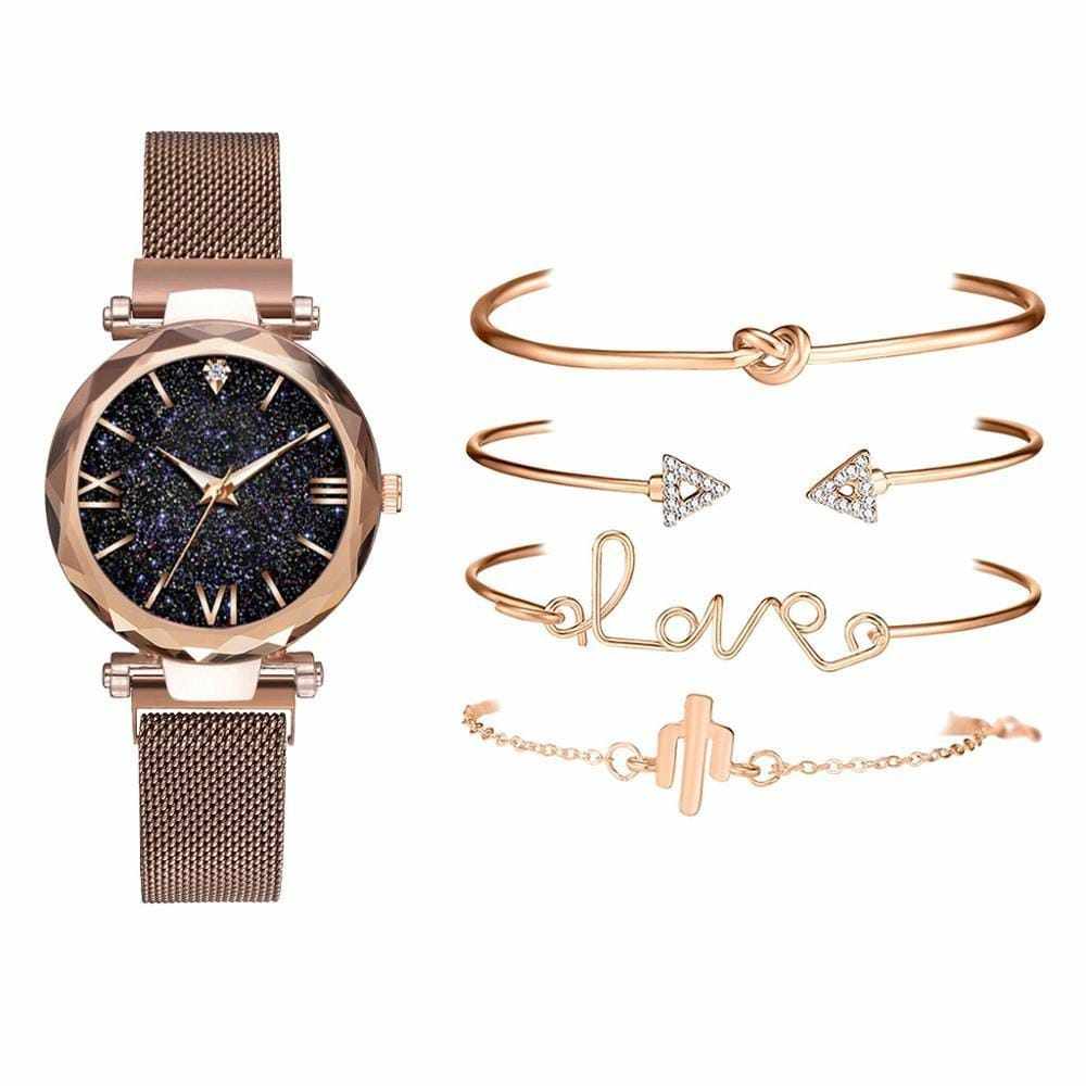 5pcs Set Luxury  Magnetic Starry Sky  Female Clock Quartz Wristwatch Bennys Beauty World