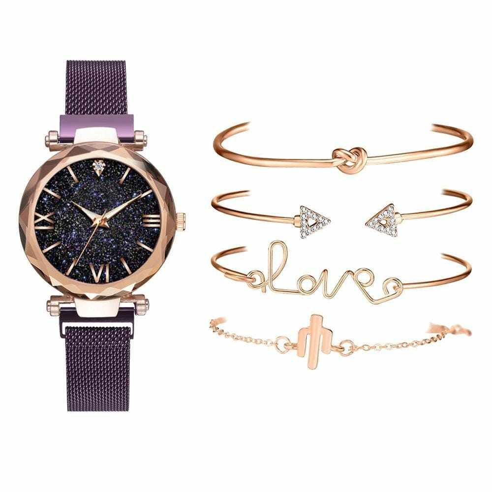 5pcs Set Luxury  Magnetic Starry Sky  Female Clock Quartz Wristwatch Bennys Beauty World