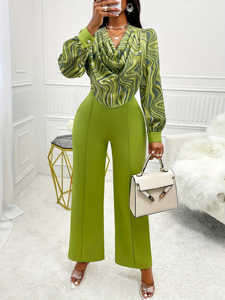 Elegant Spring & Fall Pants Set, Abstract Print Cowl Neck Blouse & Solid Color Straight Leg Simple Pants, Women's Clothing-Bennys Beauty World