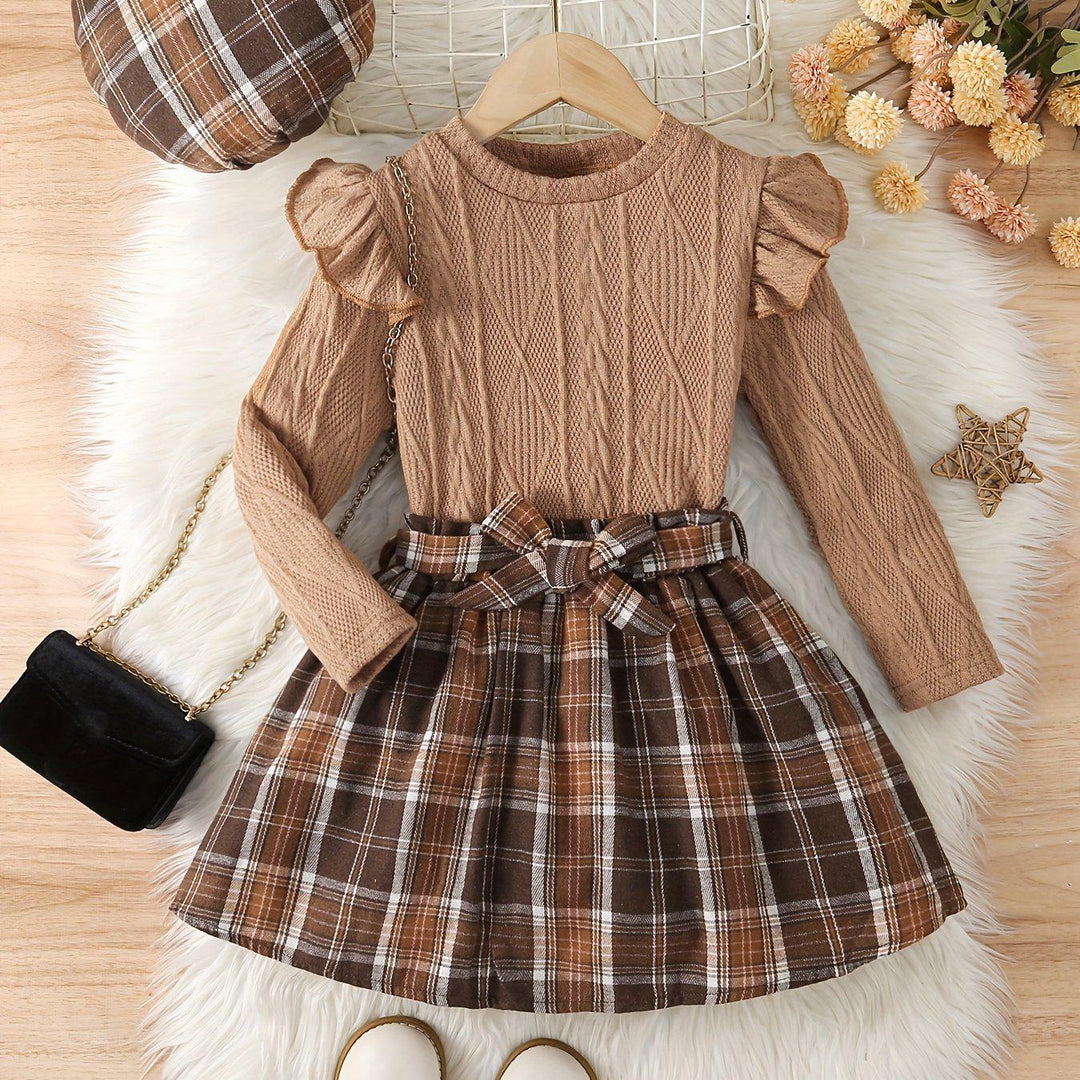 Girls' Fall/Winter 3-Piece Set, Including Knit Sweater, Skirt With Waist Belt, And Hat, Polyester And Elastane Fabric, Cute And Cozy-Bennys Beauty World