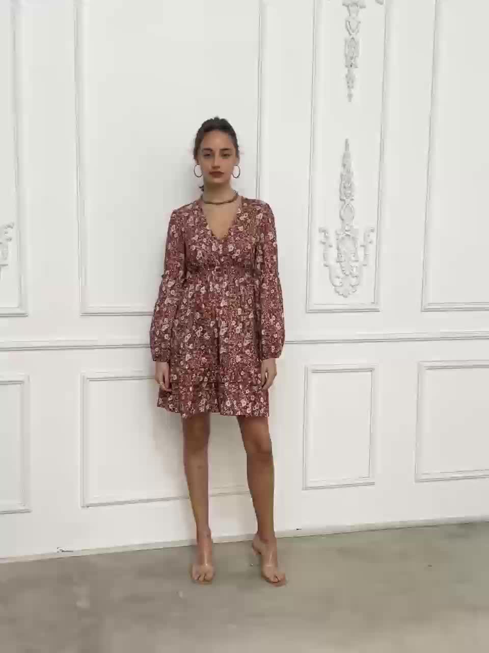 Women's Bohemian Floral Print V-Neck Mini Dress with Puff Sleeves-Dress-Bennys Beauty World