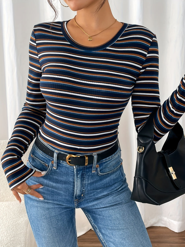 Women's Striped Print Crew Neck T-Shirt