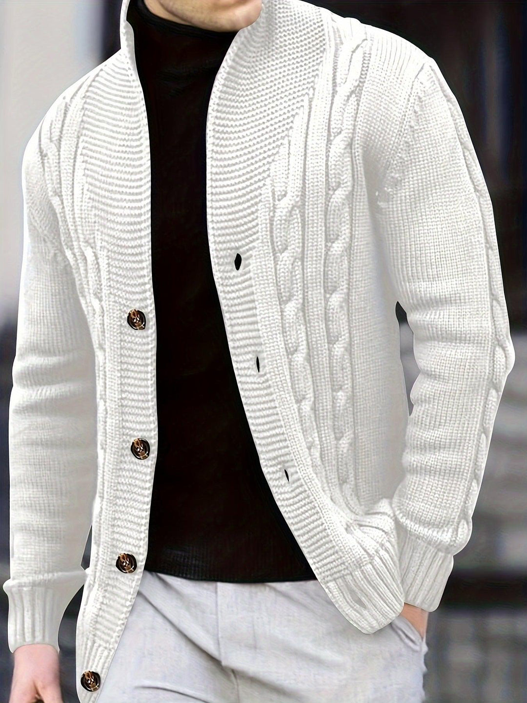 Men's Solid Rib Knit Long Sleeve Button Up Cardigan-Sweaters-Bennys Beauty World