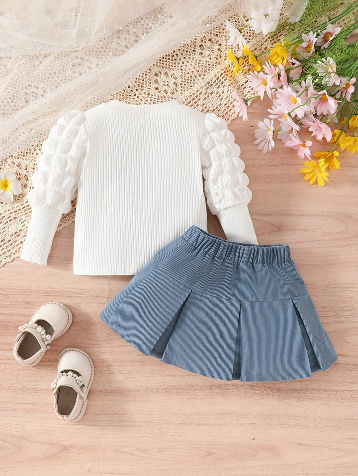 2pcs Baby's Flower Decor Puff Sleeve Ribbed Top + Sweet Pleated Corduroy Skirt, Toddler & Infant Girl's Clothing Set For Spring Fall-Bennys Beauty World