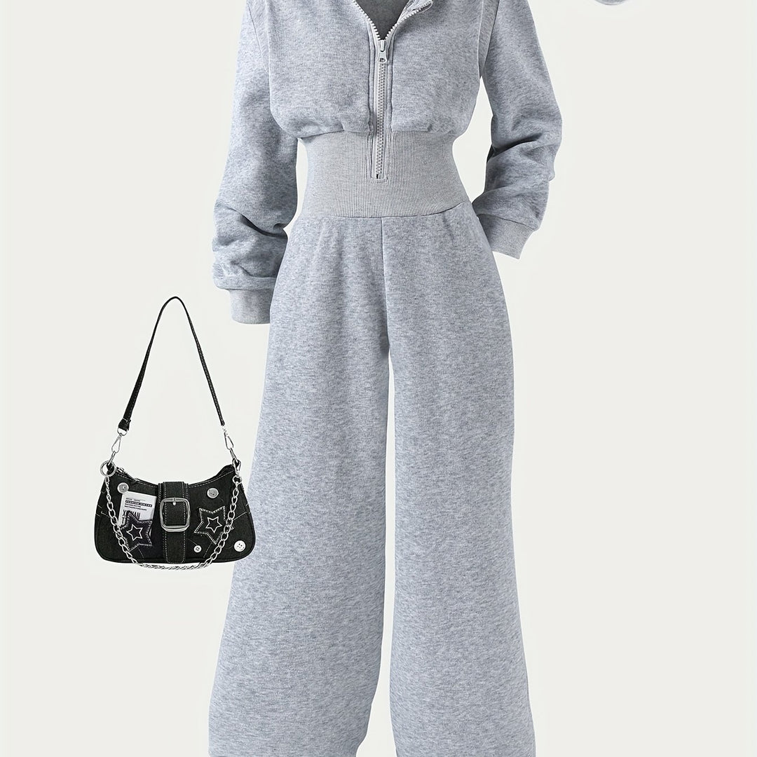 Autumn Girls' Simple Casual Style Knitted Zipper Sweatshirt Hooded Jumpsuit, Perfect for Outdoor