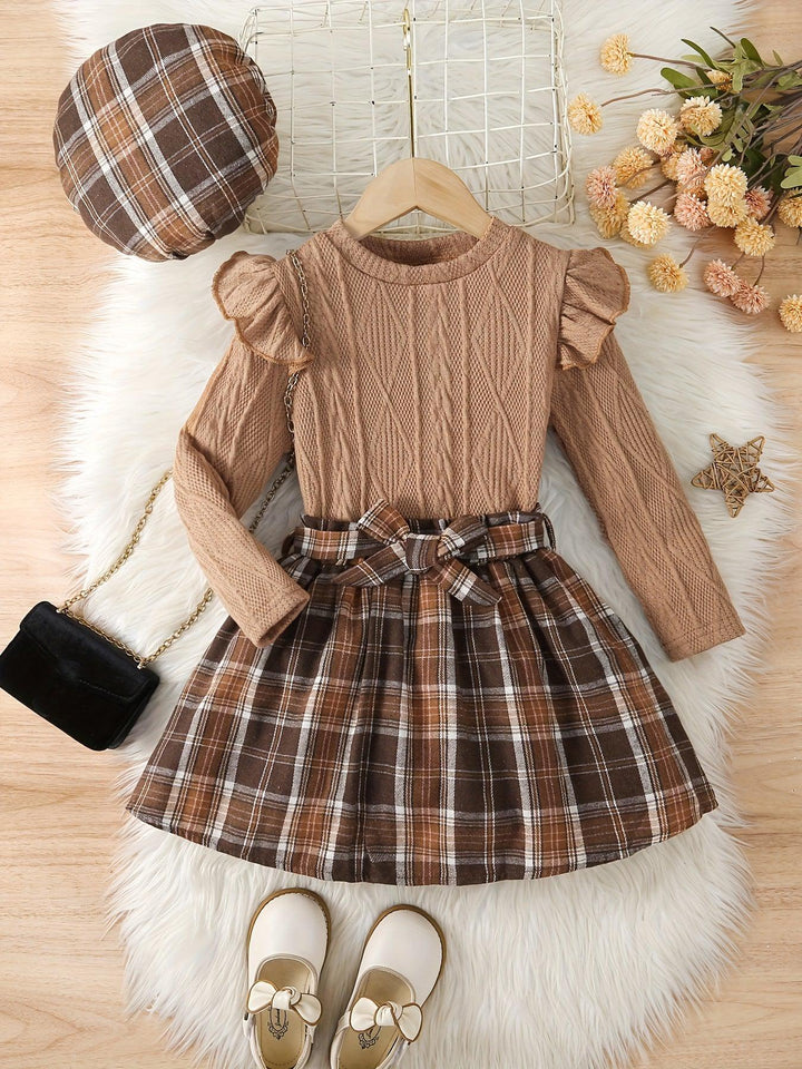 Girls' Fall/Winter 3-Piece Set, Including Knit Sweater, Skirt With Waist Belt, And Hat, Polyester And Elastane Fabric, Cute And Cozy-Bennys Beauty World