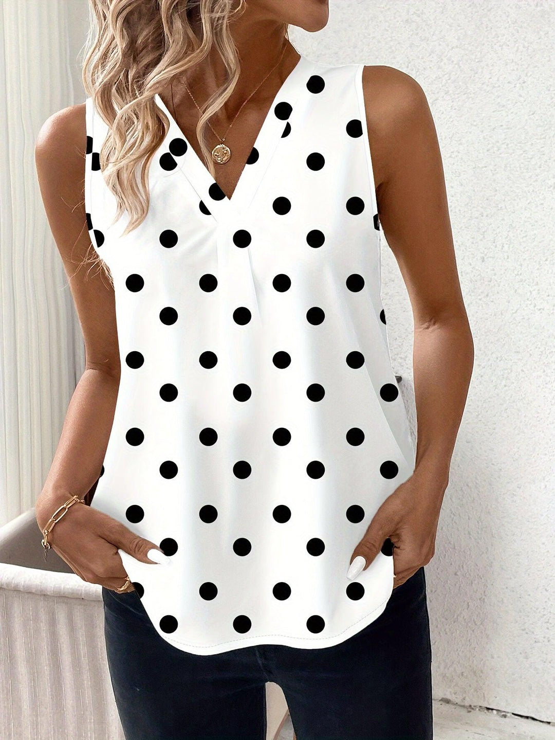 Polka Dot Print V-neck Tank Top, Casual Sleeveless Top For Spring & Summer, Women's Clothing-Bennys Beauty World