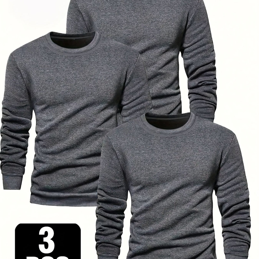 3-Pack Men'S Crew Neck Long Sleeve Knit Sweatshirts | Casual Style, Solid Color, Regular Fit