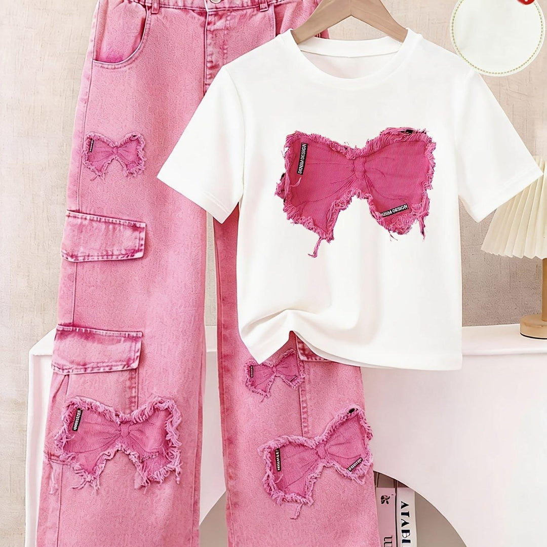 Girls' Casual Print T-Shirt with Faux Denim Butterfly Print