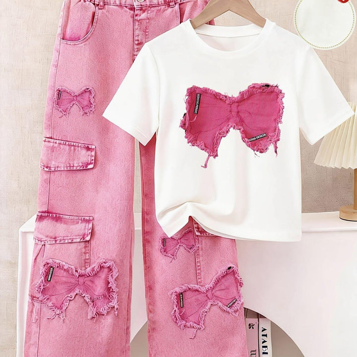 Girls' Casual Print T-Shirt with Faux Denim Butterfly Print