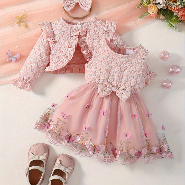 2pcs Baby's Elegant Butterfly Embroidery Mesh Splicing Dress + Ruffled Flower Jacquard Cardigan + Headwear, Toddler & Infant Girl's Clothing Set For Spring Fall-Bennys Beauty World