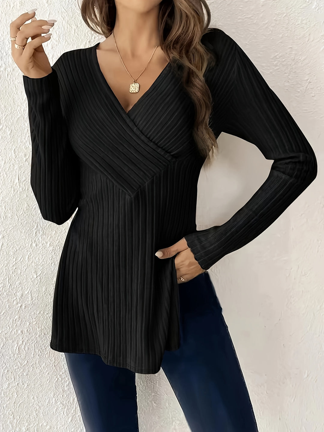 Women's Elegant Long Sleeve Ribbed Knit Top-Blouse-Bennys Beauty World