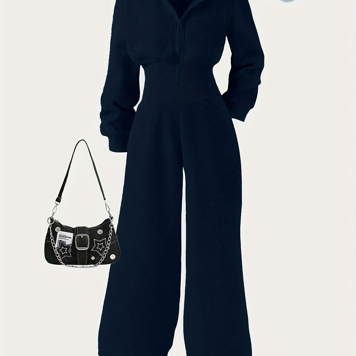 Autumn Girls' Simple Casual Style Knitted Zipper Sweatshirt Hooded Jumpsuit, Perfect for Outdoor