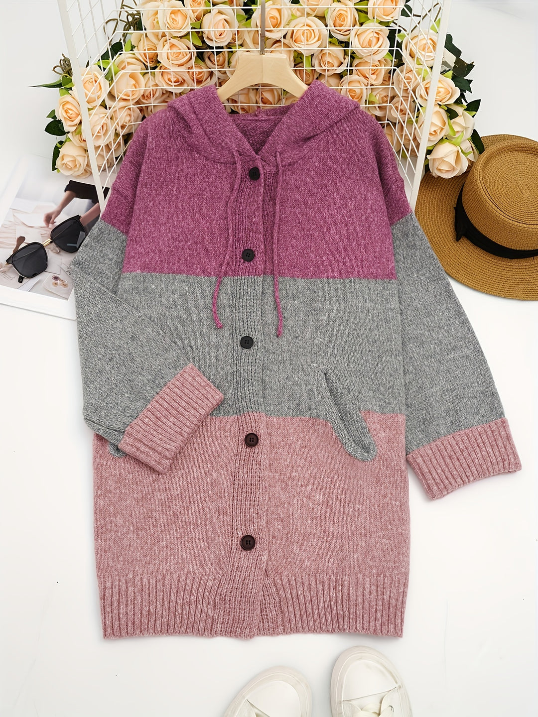 Chic Color Block Hooded Cardigan for Women - Casual Knit with Pockets, High Stretch Polyester, Perfect for Fall/Winter-Bennys Beauty World