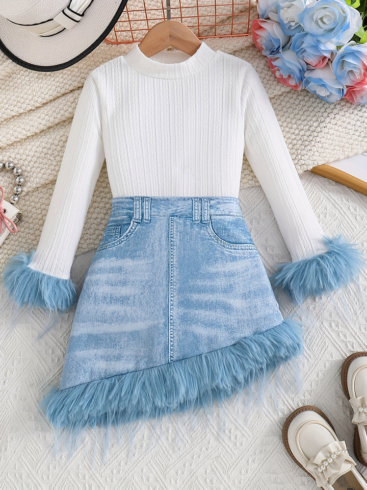 2pcs/set, Girls Elegant Furry Cuffs Long Sleeve Knit Top + Irregular Skirt - Spring/Fall Clothes, Casual Wear, Party, Gift-Bennys Beauty World