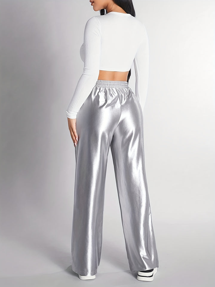 Shiny Elastic Waist Pants For Women-Pants-Bennys Beauty World