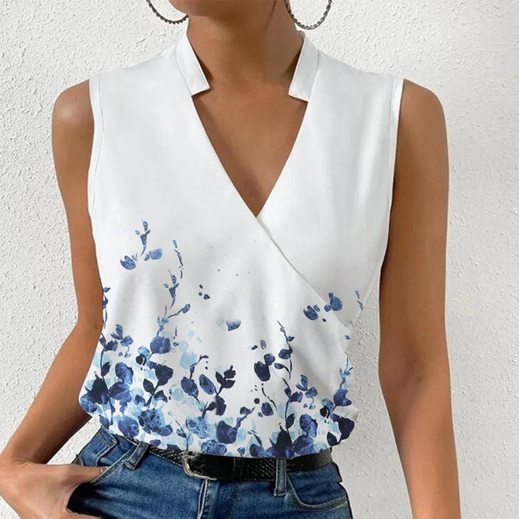 Casual Printed Tops Summer V-neck Sleeveless T-shirt Womens Clothing-crop top-Bennys Beauty World