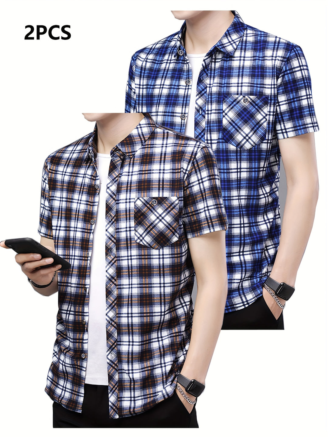 Set of 2 Short-Sleeve Checkered Shirts with Buttons