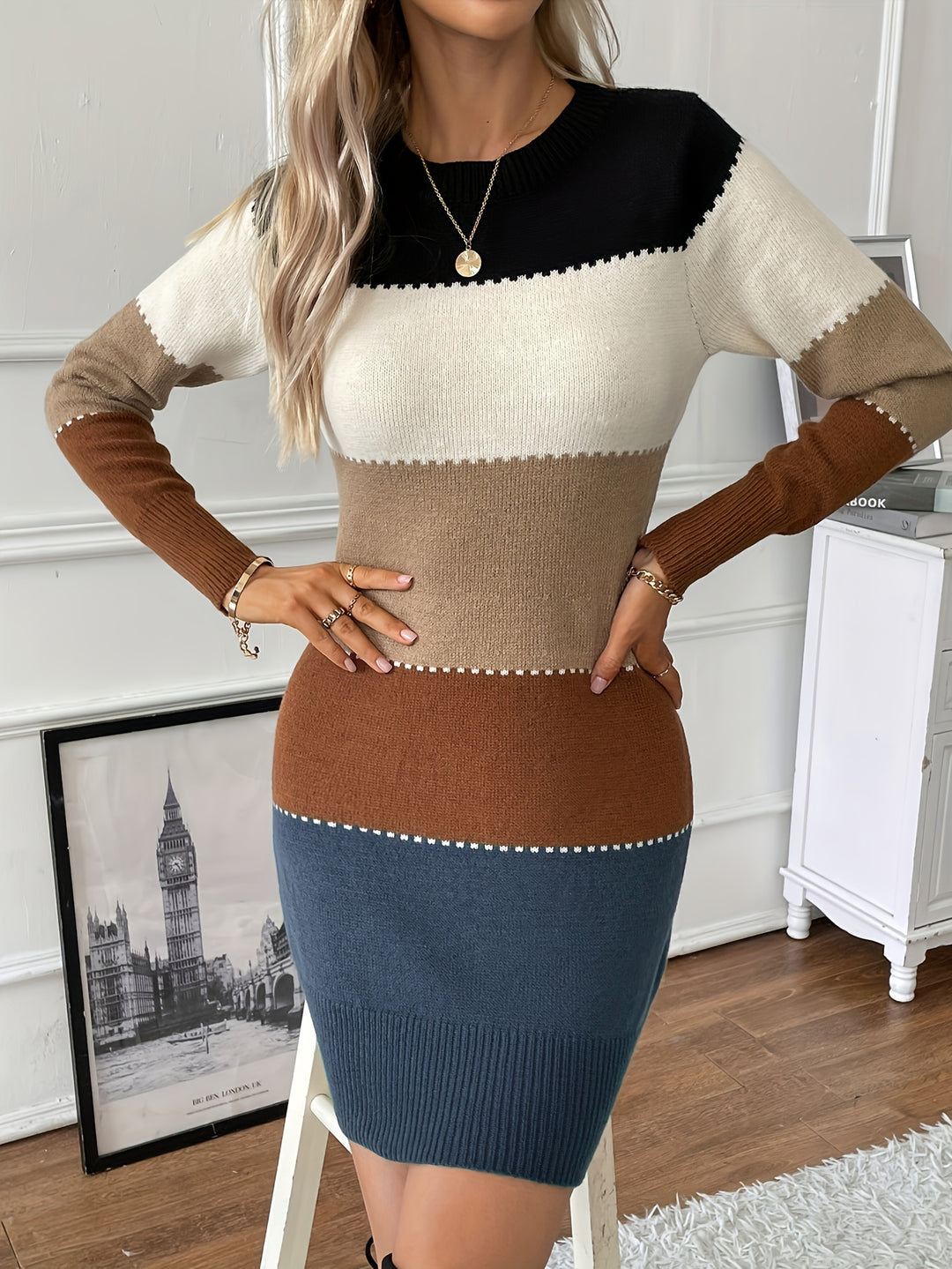 Color Block Long Sleeve Dress, Elegant Crew Neck Dress, Women's Clothing-Bennys Beauty World