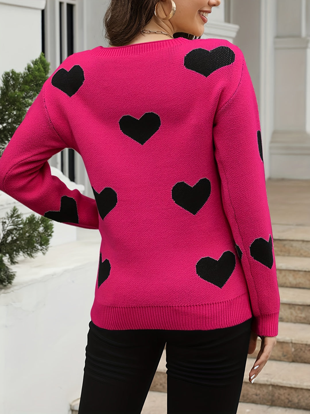 Heart Pattern Crew Neck Sweater For Women