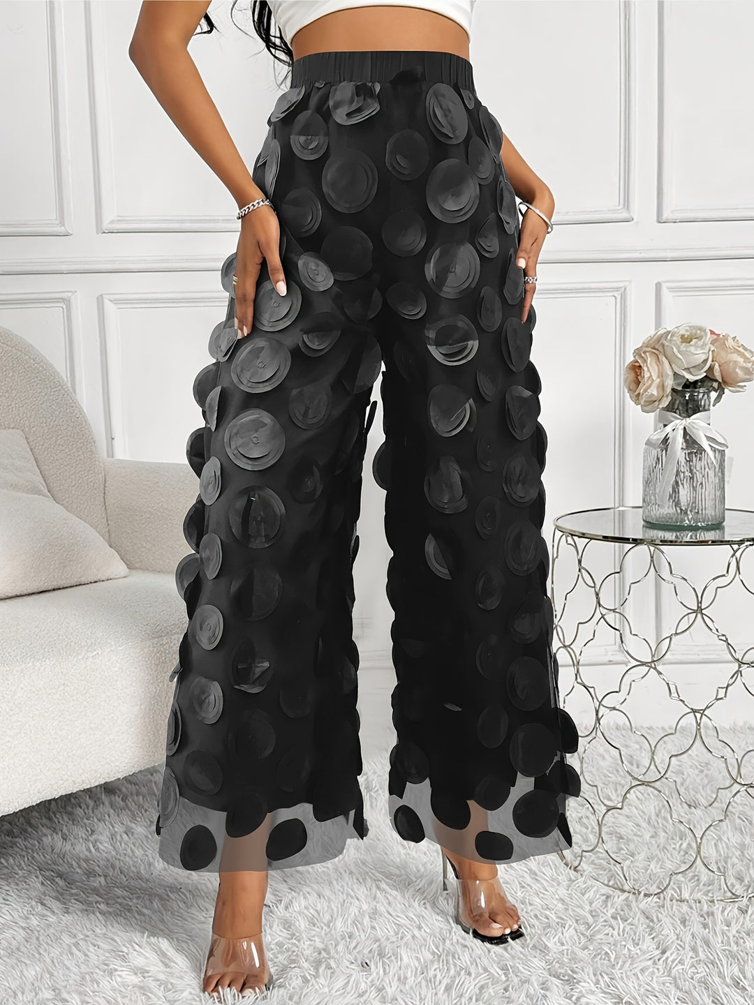 Chic High Waist Wide Leg Mesh Pants with Circle Patch Design for Spring & Summer-Bennys Beauty World