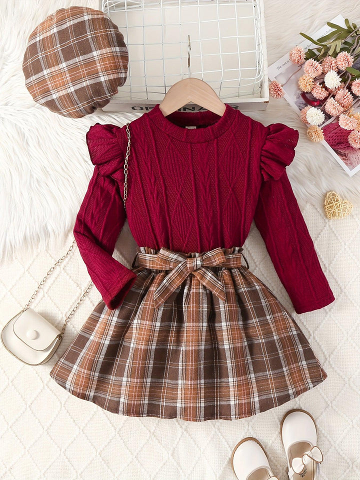 Girls' Fall/Winter 3-Piece Set, Including Knit Sweater, Skirt With Waist Belt, And Hat, Polyester And Elastane Fabric, Cute And Cozy-Bennys Beauty World