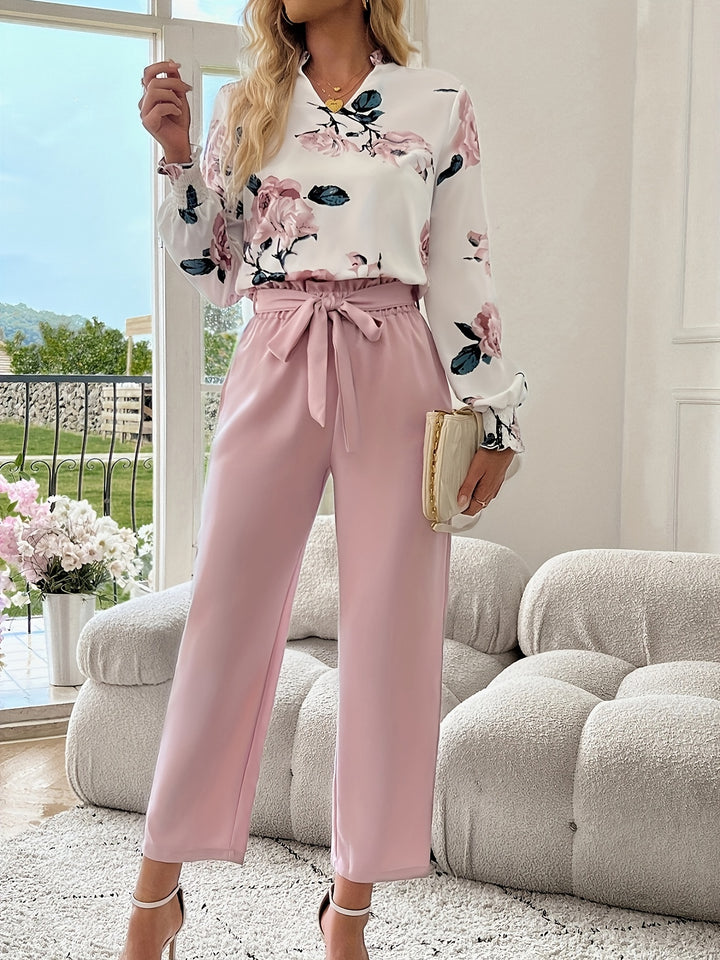 Elegant Floral Notched Collar Long Sleeve Polyester Pantsuit with Tie Waist and Frill Detail - Spring/Fall Woven Fabric Regular Fit Two-Piece Set-Bennys Beauty World