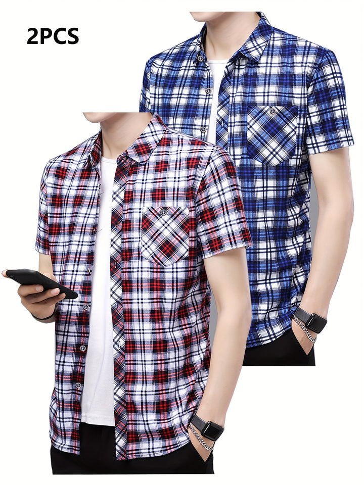 Set of 2 Short-Sleeve Checkered Shirts with Buttons