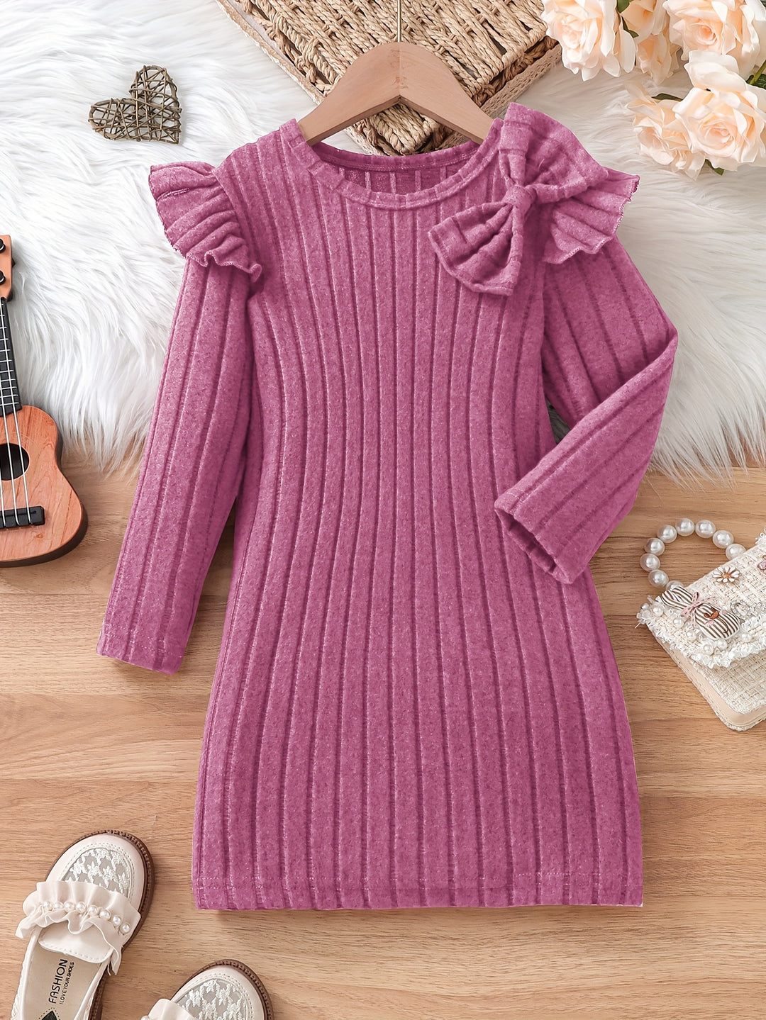 Girls Elegant Dresses, Long Ruffle Sleeve Bow Decor Ribbed Dress For Spring & Fall, Perfect For Dinner Party, As Gifts-Bennys Beauty World