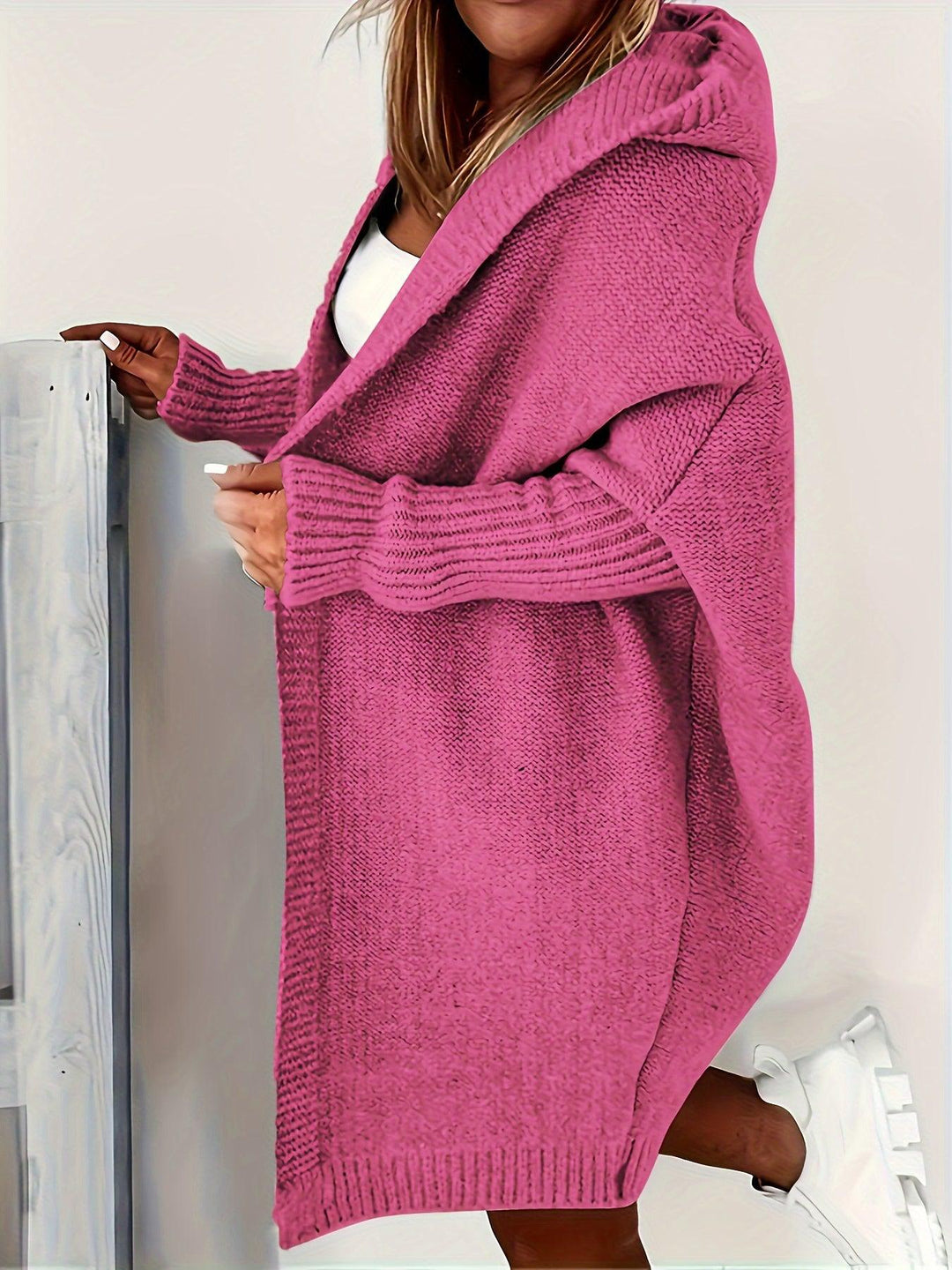 Plus Size Solid Color Hooded Open Front Cardigan, Casual Long Sleeve Knitted Cardigan, Women's Plus Size Clothing-Bennys Beauty World