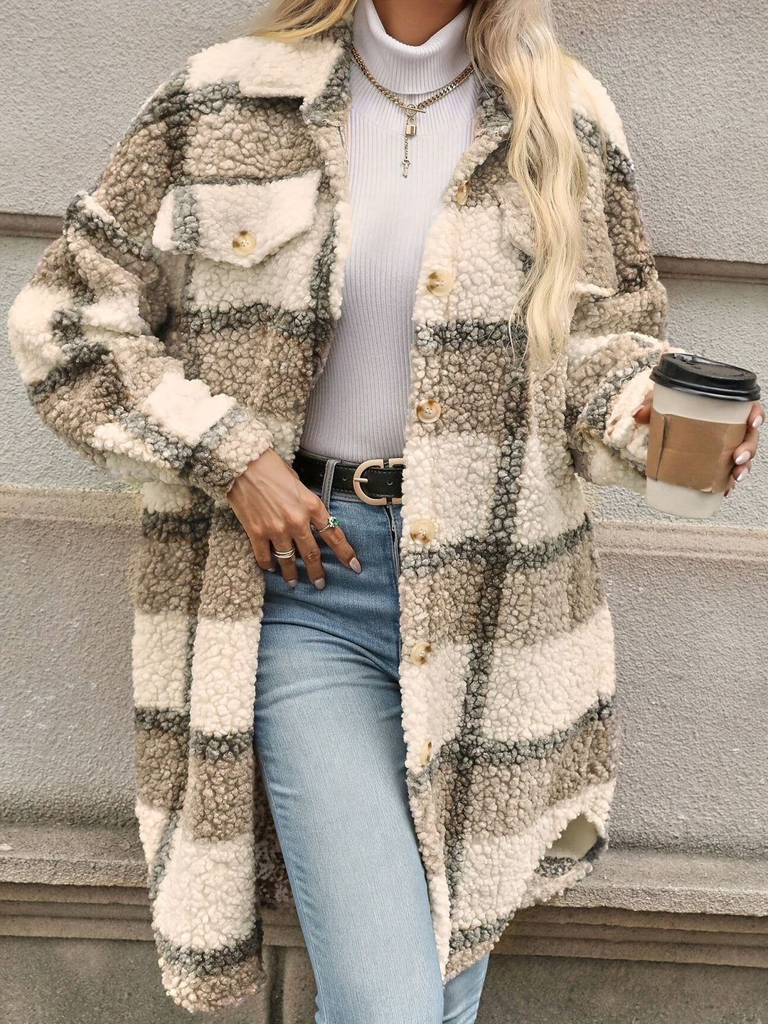 Cozy Plaid Fuzzy Jacket - Stylish Long Sleeve Coat for Fall & Winter-Bennys Beauty World