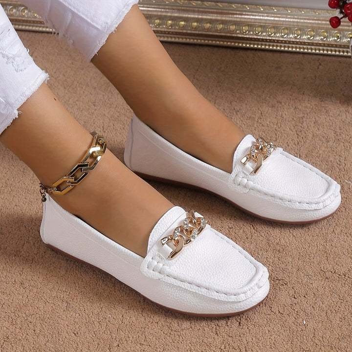 Elegant Women's White Loafers with Golden Chain Detail