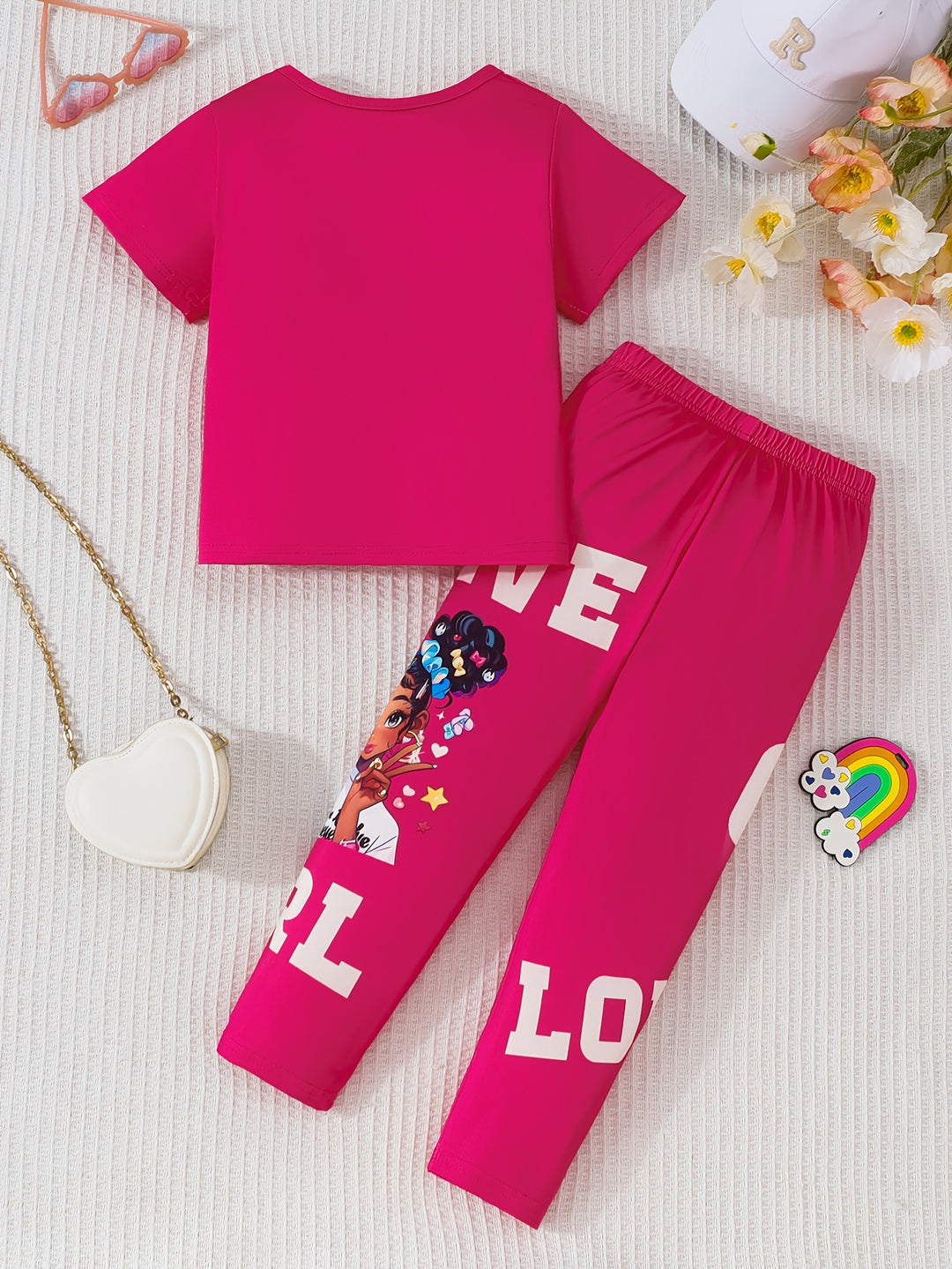 Girls Two - Piece Set with Cartoon Girl Pattern Top + Pants - Bennys Beauty World