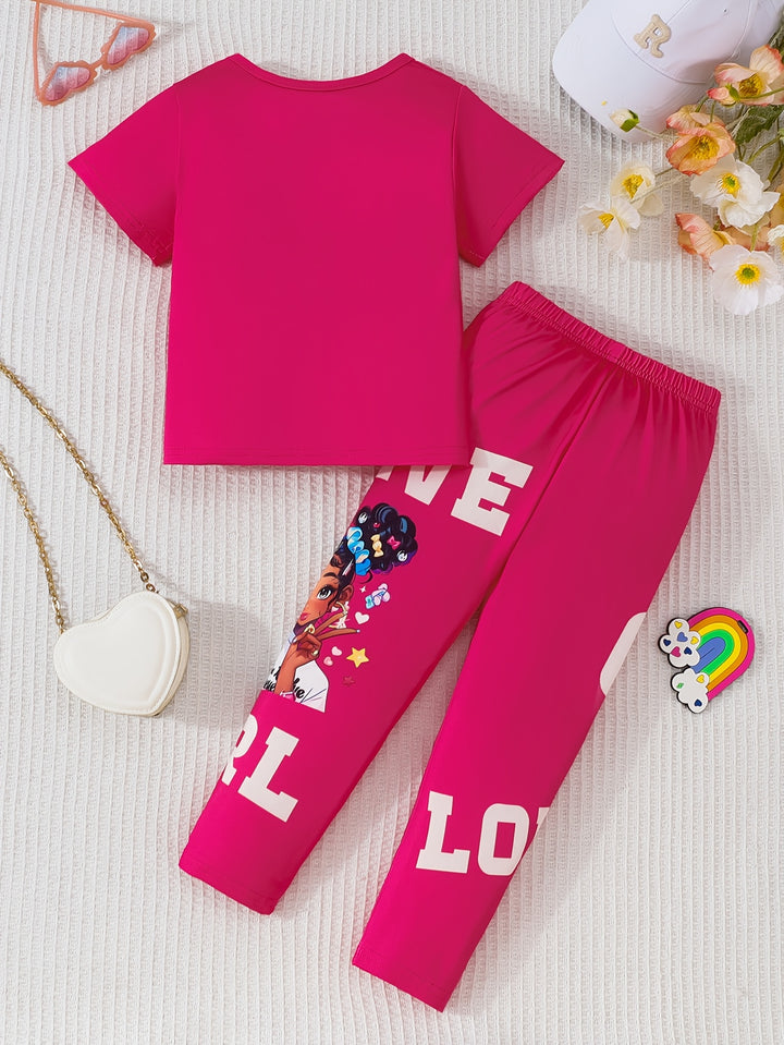 Girls Two - Piece Set with Cartoon Girl Pattern Top + Pants - Bennys Beauty World
