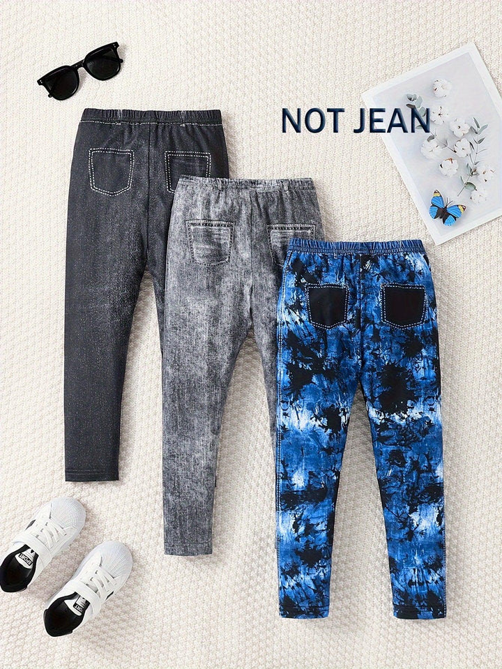 3 Packs Lightweight Thin Leggings Set Faux Denim Print Pants Kids Clothes Gift Spring Fall, As Christmas Gifts-Bennys Beauty World