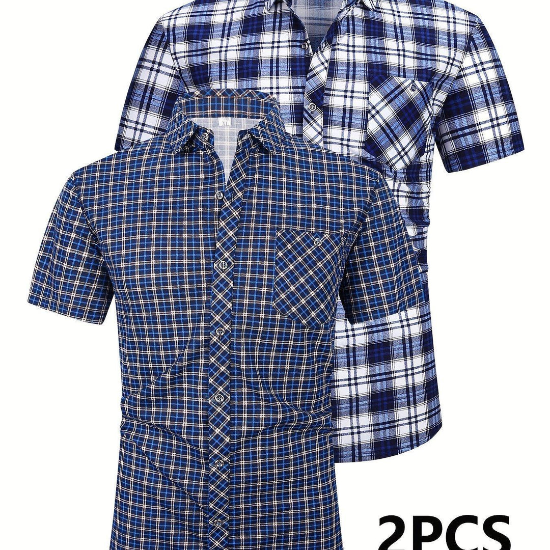 Set of 2 Short-Sleeve Checkered Shirts with Buttons
