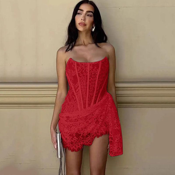 Strapless Lace Dress Party Women's Fashion Skirt With Back Lace-up Design-skirt-Bennys Beauty World