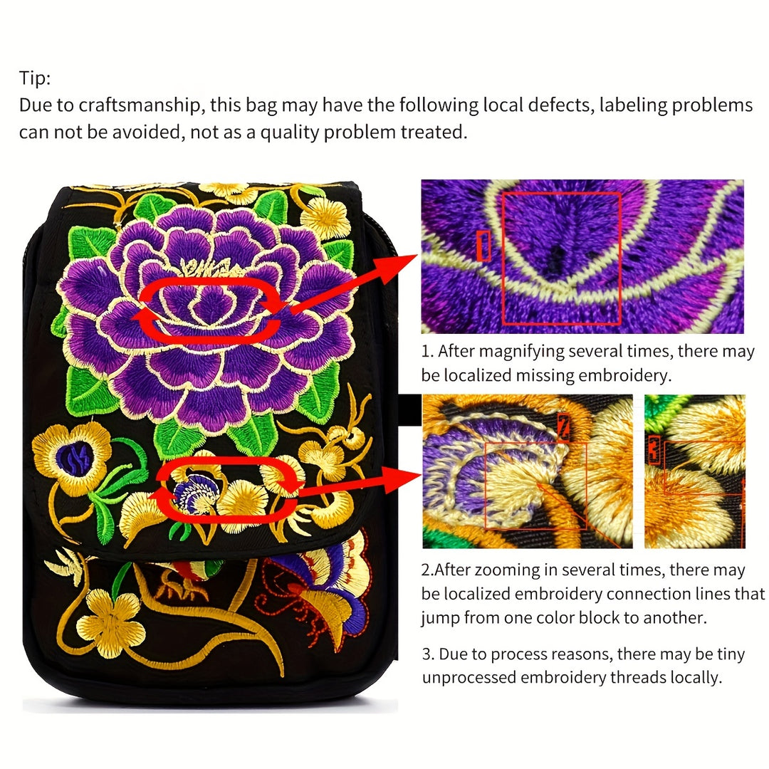 Women's Embroidered Mini Shoulder Bag with Detachable Strap