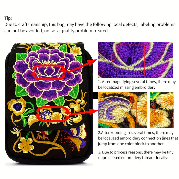 Women's Embroidered Mini Shoulder Bag with Detachable Strap