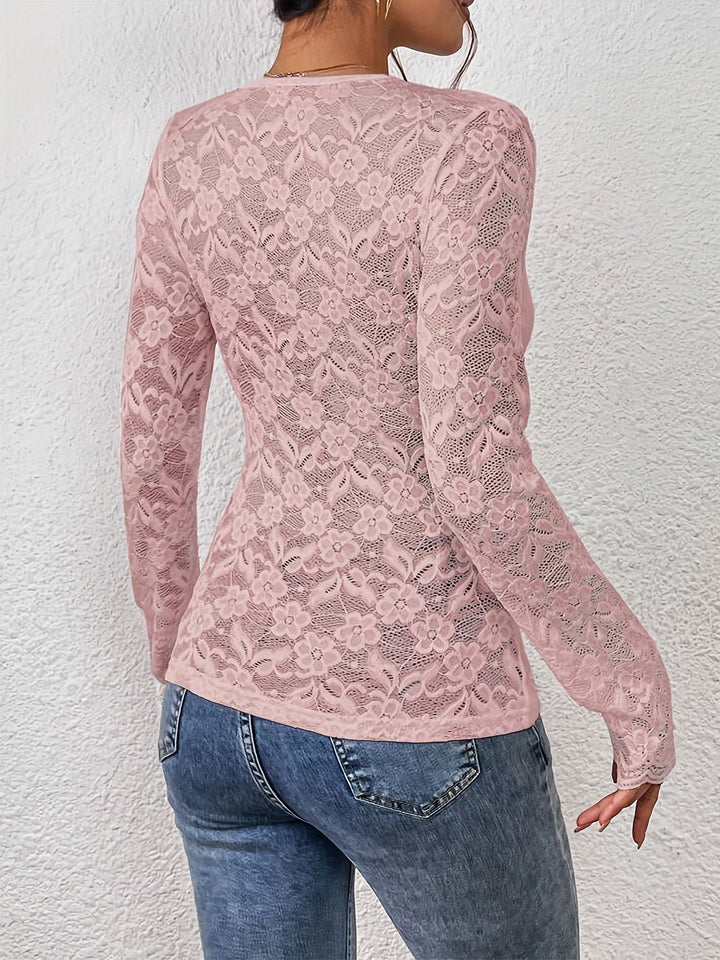 Ribbed Contrast Lace T-Shirt, Casual V Neck Long Sleeve Top For Spring & Fall, Women's Clothing-Bennys Beauty World