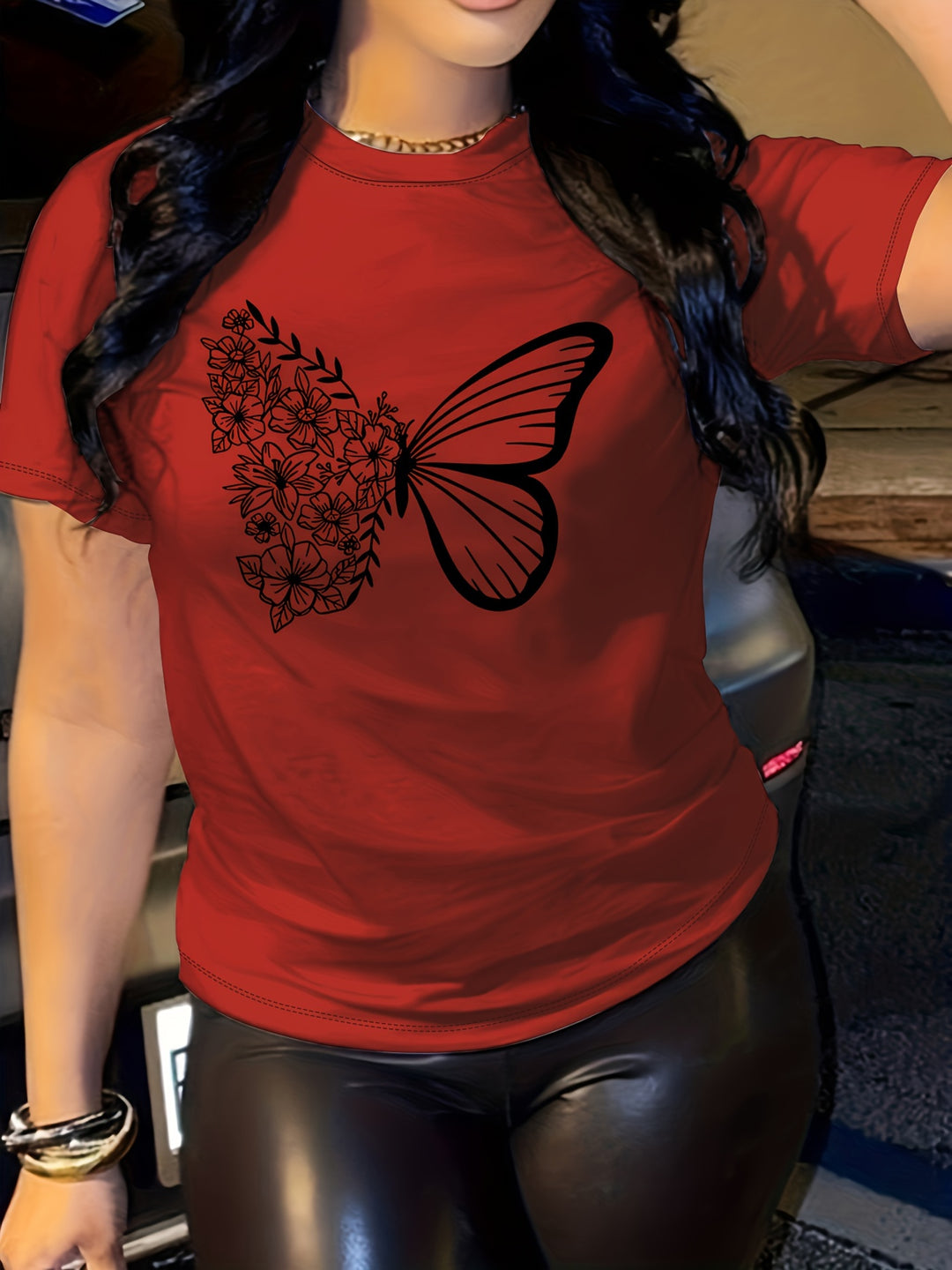 Butterfly Print T-shirt, Short Sleeve Crew Neck Casual Top For Women