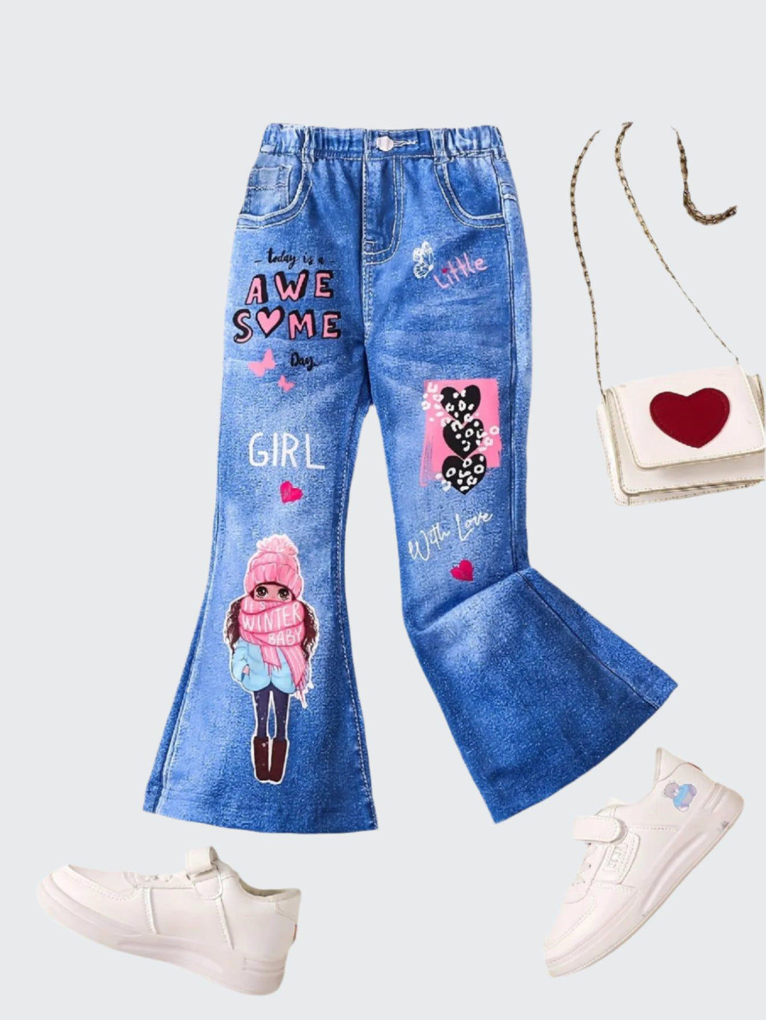 'Girl With Scarf' Cartoon Pattern Girls Imitation Denim Print Stretch Flare Leg Trousers For Spring And Fall (Not Jeans)-Bennys Beauty World