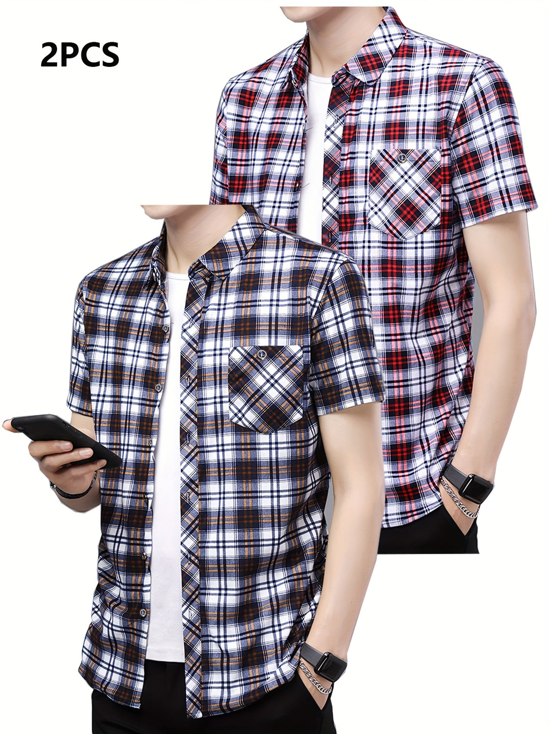Set of 2 Short-Sleeve Checkered Shirts with Buttons