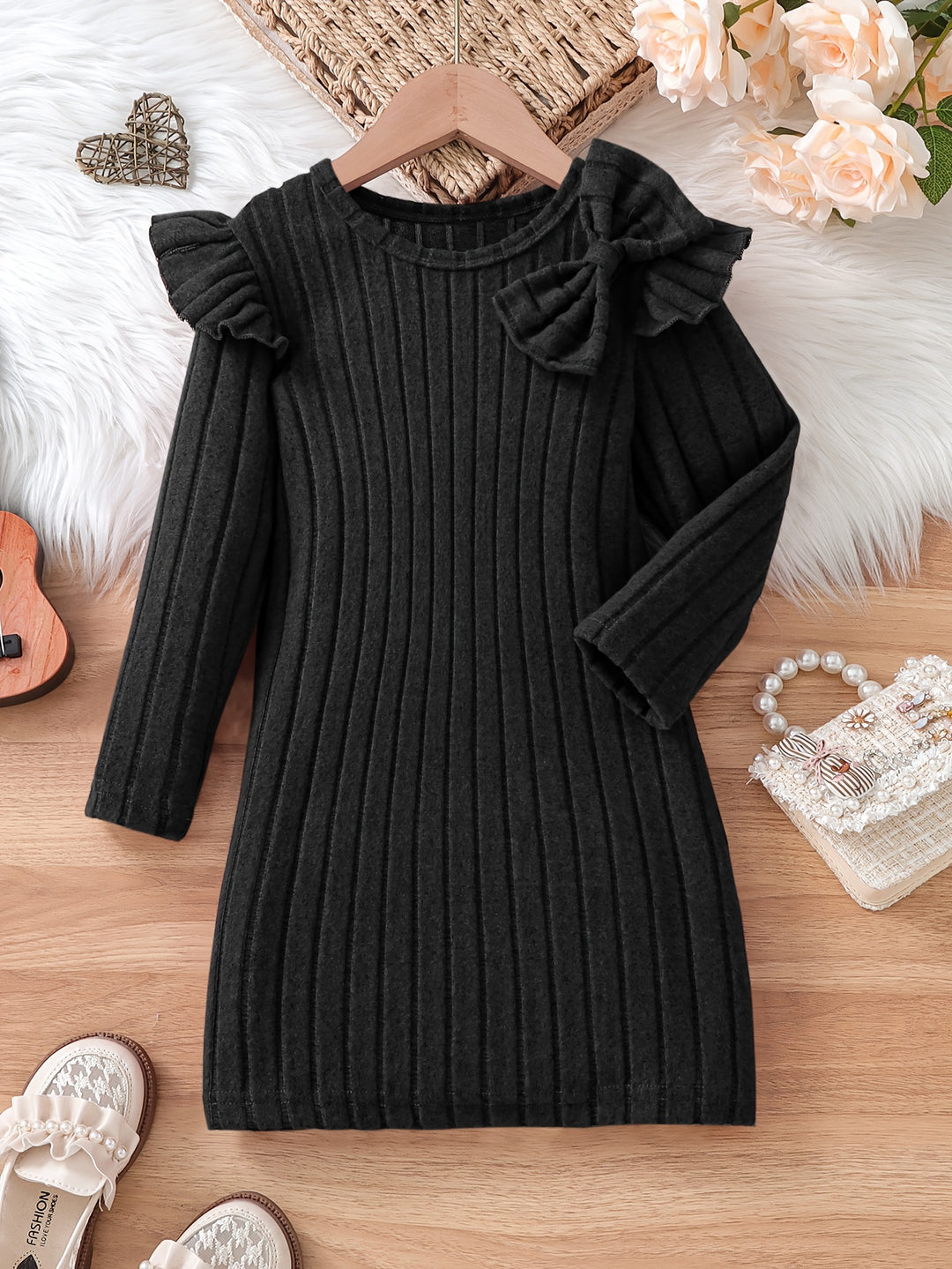 Girls Elegant Dresses, Long Ruffle Sleeve Bow Decor Ribbed Dress For Spring & Fall, Perfect For Dinner Party, As Gifts-Bennys Beauty World