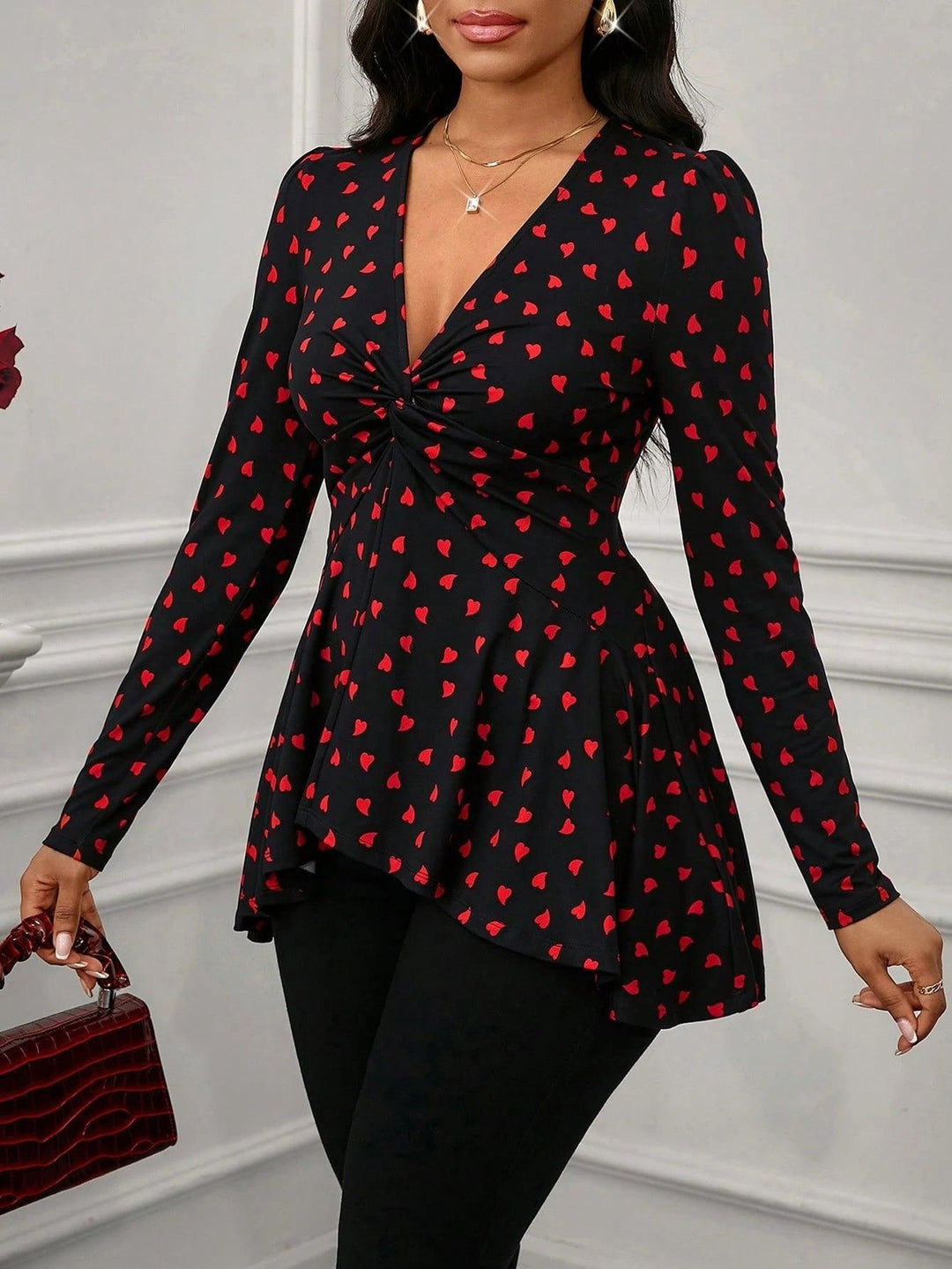 Women's Elegant Twisted Strap Blouse with Heart Pattern