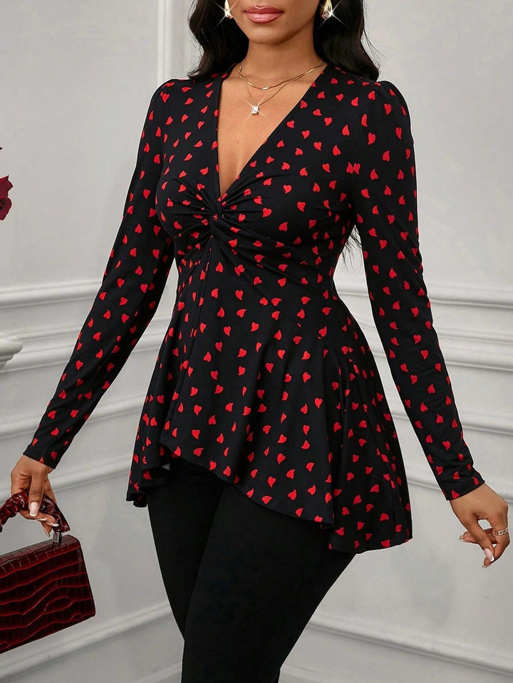 Women's Elegant Twisted Strap Blouse with Heart Pattern