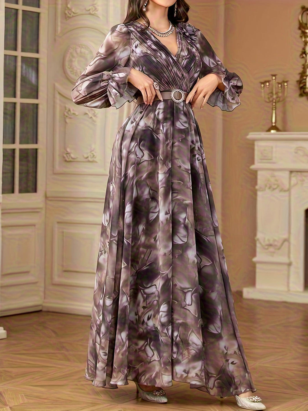 Women'S V-Neck Handmade 3D Floral Belted Dress