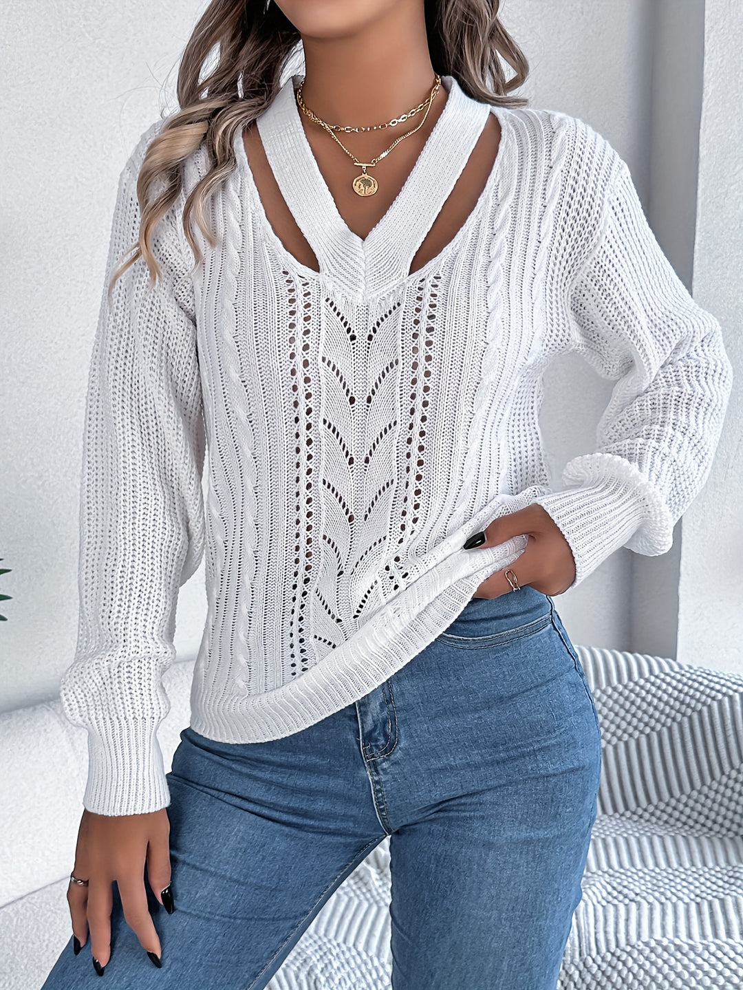 Solid Cut Out V Neck Sweater, Casual Long Sleeve Hollow Out Sweater For Fall & Winter, Women's Clothing-Bennys Beauty World