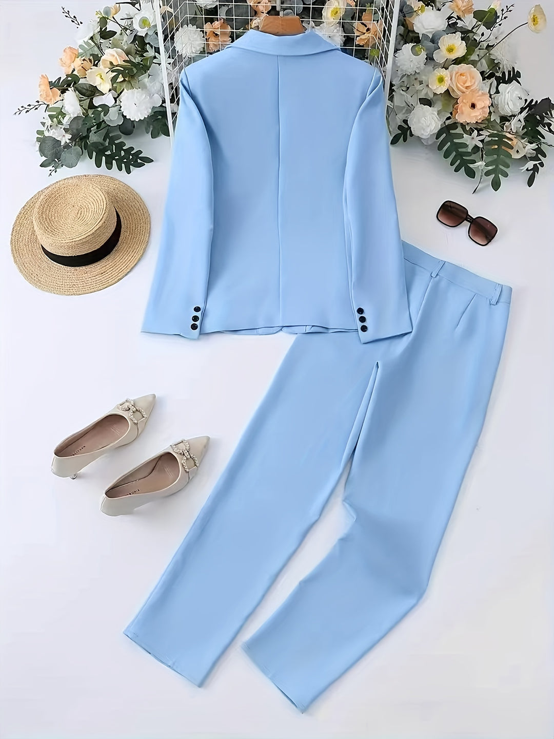 Chic Solid Color Sophisticated Suit Ensemble with Blazer and Straight Leg Trousers for Women-Bennys Beauty World